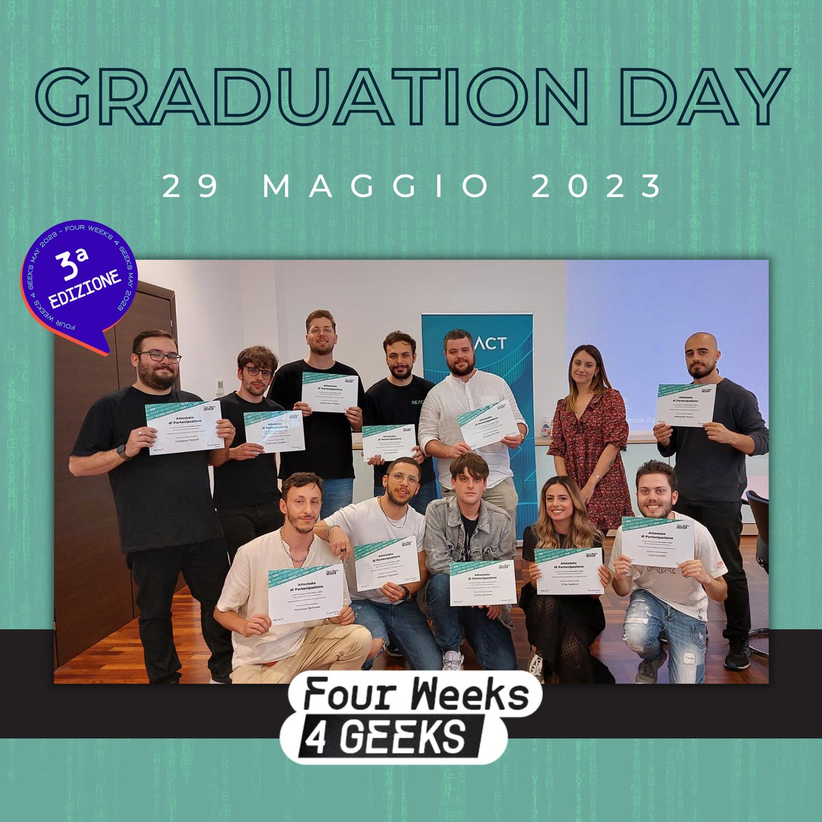 ReactConsulting's tweet image. 🥇 Ieri è stato il #graduationday per i ragazzi e le ragazze che hanno preso parte a #FW4G, il bootcamp #madeinReact che mira a formare i #programmatori e #sviluppatori del futuro.
A loro vanno le congratulazioni da parte di tutto il Team React!
➡️ bit.ly/FW4G_3a_edizio…
