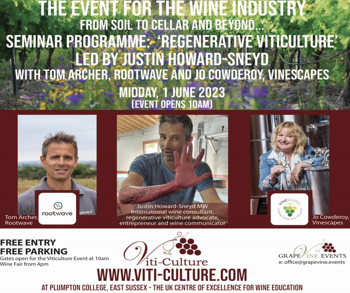 We are sharing our top tips on growing regeneratively at the Viti-Culture event on 1 June at Plumpton College, E Sussex. 
SEMINAR:  MIDDAY -   Justin Howard-Sneyd MW at <a href="/RegenViti/">The Regenerative Viticulture Foundation</a>, Tom Archer at <a href="/RootWave/">RootWave | Zaps Weeds | Zero Chemicals</a> and Jo Cowderoy <a href="/VinescapesUK/">Vinescapes 🍇</a>  
 #viticulture #regenerativeviticulture
