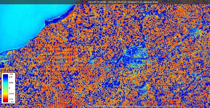 @drcrater This is @CopernicusEU #Sentinel2 moisture index info for 29th May '23 ... red = very dry. 

Image via @sentinel_hub.