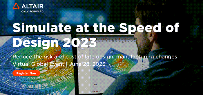 dailycadcam's tweet photo. Join us for “Simulate at the Speed of Design 2023“

Virtual Global Event by @Altair_Inc 

June 28, 2023 | 10:00 a.m. – 1:30 p.m. India
Check Details - Register here - https://t.co/SHGKZk3aq5

#Simulation #SimLab #Multiphysicsanalysis #Inspire #SimSolid #digitaltransformation https://t.co/YaOP3IutAB