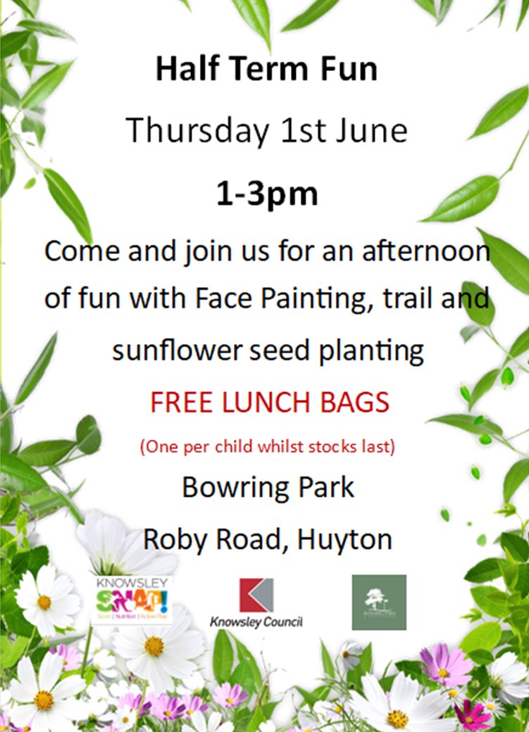 There will be some free half-term activities at the park this week!

Join us on Thurs 1-3pm for some face painting, trail and sunflower planting🌻

Free lunch while stock is available!

<a href="/KnowsleyCouncil/">Knowsley Council</a> 
<a href="/KnowsleyParks/">Knowsley Parks</a> 
<a href="/KnowsleySnap/">𝙆𝙣𝙤𝙬𝙨𝙡𝙚𝙮 𝙎𝙉𝘼𝙋 - part of @OneKnowsley</a>