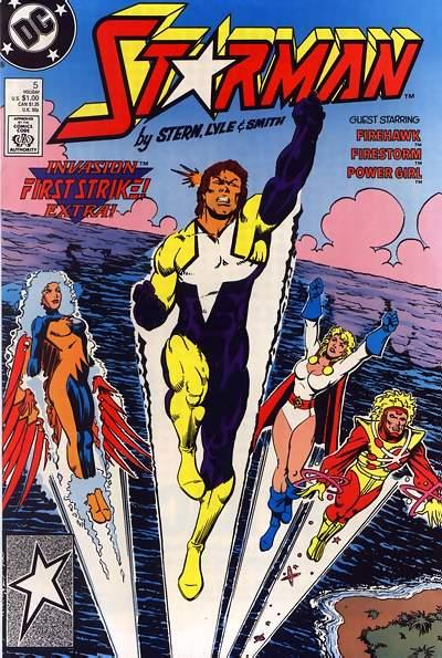 #DailyStarman #Starman #5 Dec '88 from @DCComics. Cover by #TomLyle. Story/art by #RogerStern, Lyle,  #BobSmith. Info/pic from @GCDcomics. #Invasion tie-in. Teams up with #PowerGirl, #Firestorm, and #Firehawk. Appearances by #EasyCompany, #AdamStrange, and #PowerElite.