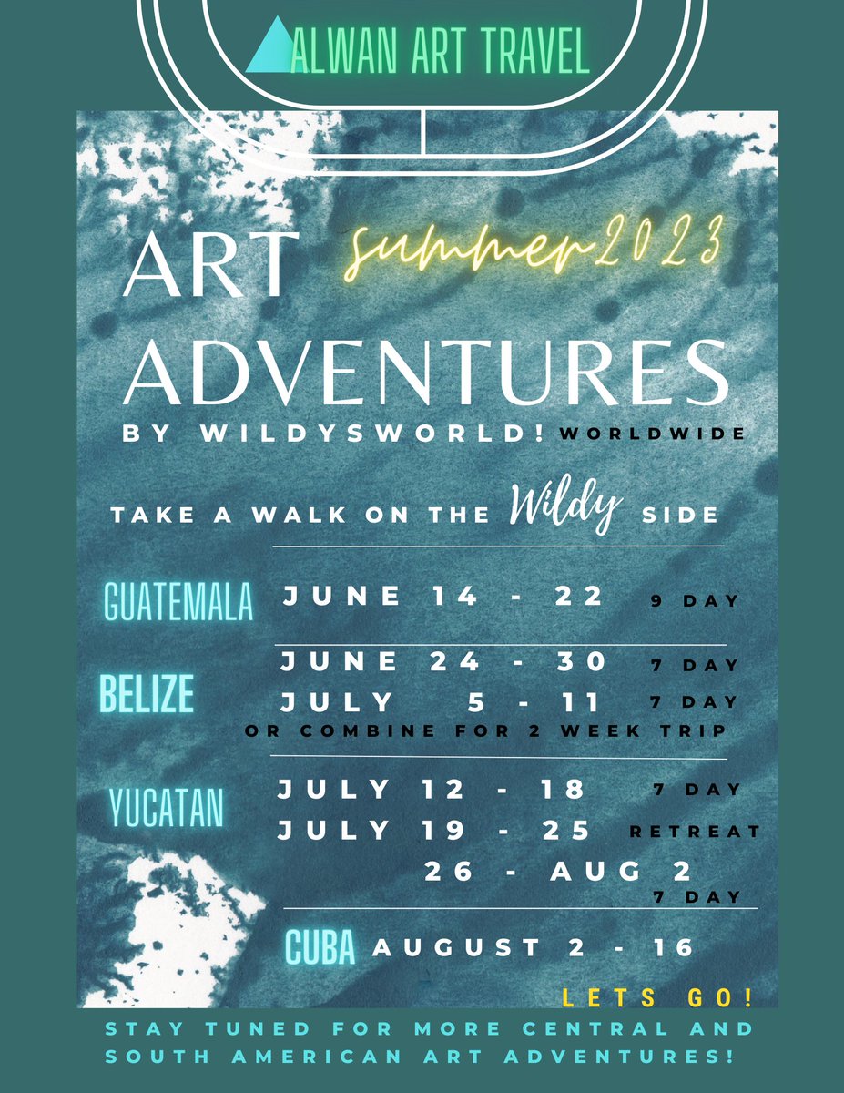 WildySelf's tweet photo. ART Adventures are afoot! Join me on a #custumcrafted #arttrip with #artistwildyself                I book, cook, drive and provide 2 #creativeartsessions #artlessons a day #in the field.
We travel the world marveling at #artsandculture as we #experience Central and South America https://t.co/gNIQlAniPS