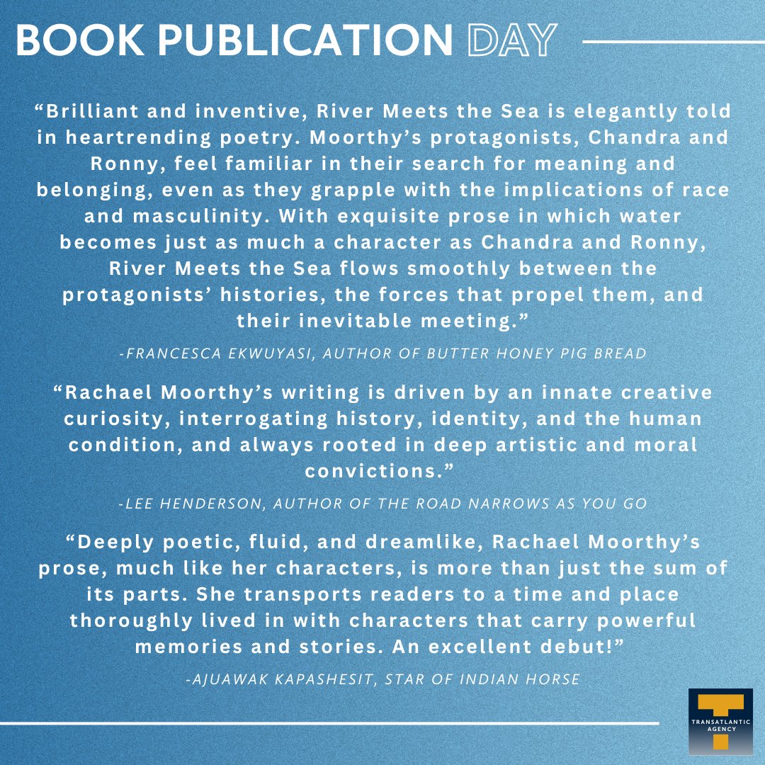 Transatlantic Agency (@translitagency) on Twitter photo Congratulations on the publication of RIVER MEETS THE SEA by Rachael Moorthy publishing today with
<a href="/HouseofAnansi/">House of Anansi Press</a>!
<a href="/Rachael_em/">Rachael</a> originally represented by <a href="/LWEstudio/">Chelene Knight</a>
who sold this deal to House of Anansi Press, is now represented by @MarilynBiderma
Congratulations! Congratulations on the publication of RIVER MEETS THE SEA by Rachael Moorthy publishing today with
<a href="/HouseofAnansi/">House of Anansi Press</a>!
<a href="/Rachael_em/">Rachael</a> originally represented by <a href="/LWEstudio/">Chelene Knight</a>
who sold this deal to House of Anansi Press, is now represented by @MarilynBiderma
Congratulations!