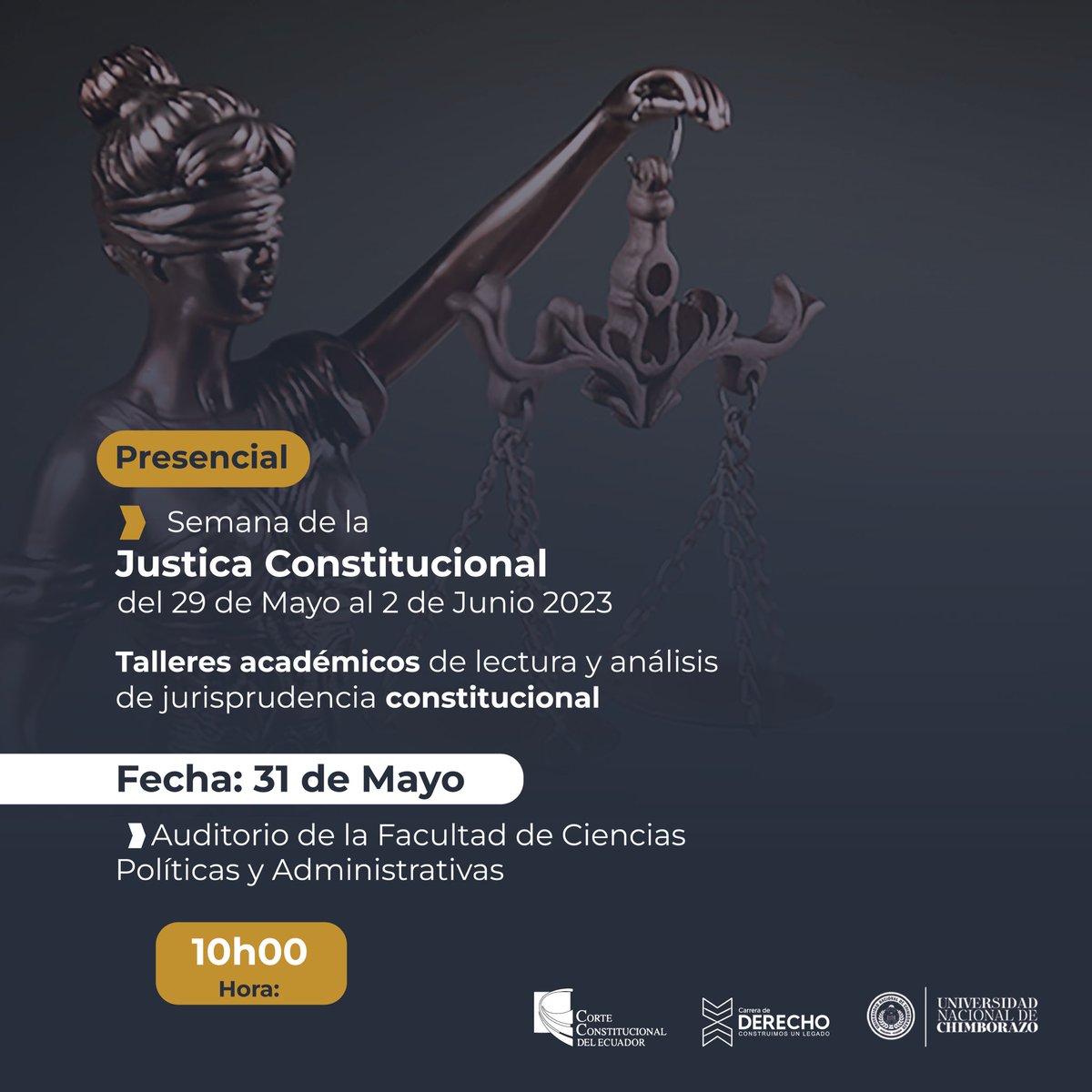 _derecho_unach's tweet photo. La Carrera de Derecho ⚖️⏳📚 orgullosamente comprometida con el constitucionalismo ecuatoriano, invita a su colectivo a participar en los talleres académicos de lectura y análisis de jurisprudencia constitucional 🗣️📜. #SemanaDeLaJusticiaCC @CorteConstEcu https://t.co/B0Pb4CJc49