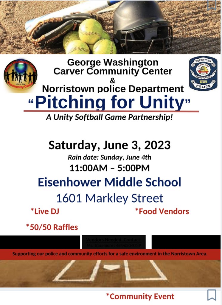 Come out for a great community event on Saturday, June 3!

Pitching for Unity starts at 11 am on Saturday, June 3, at Eisenhower.