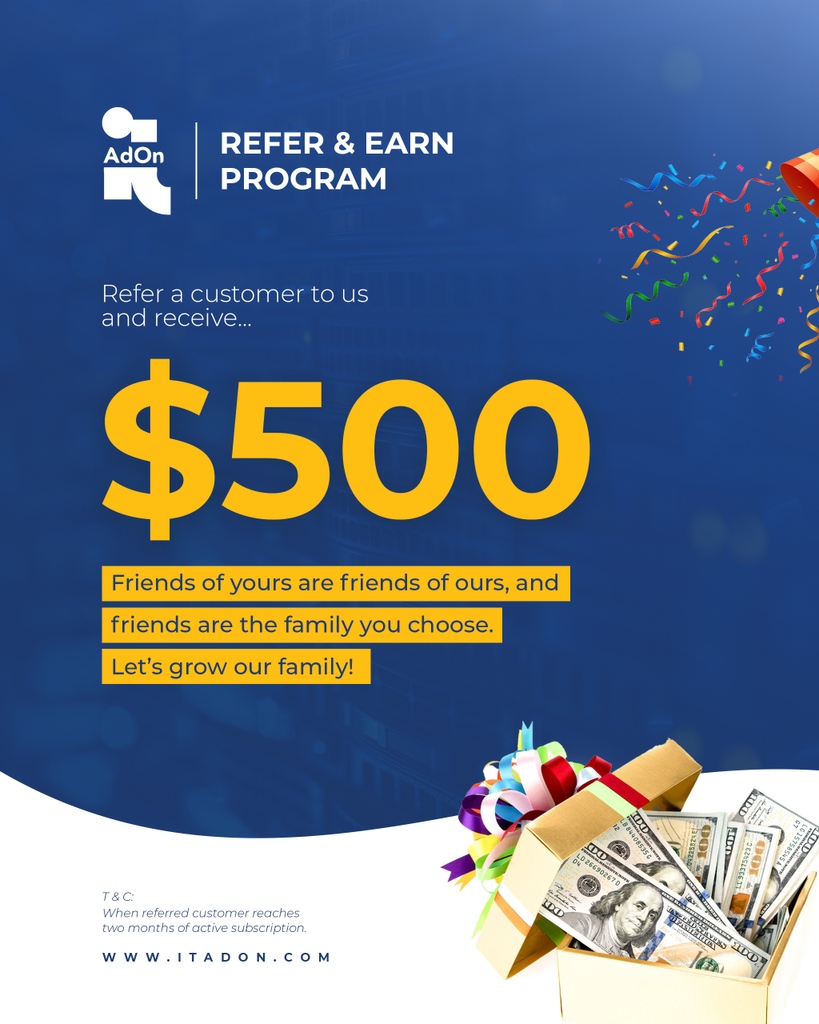 Unlock Rewards and Share the Love: Join Our 'Refer and Earn' Program Today!

#ReferralProgram #ReferAndEarn #RewardsProgram #EarnRewards  #GetRewarded #ReferralBonuses #ITAdOn #ITServices #MSP #ITSupport