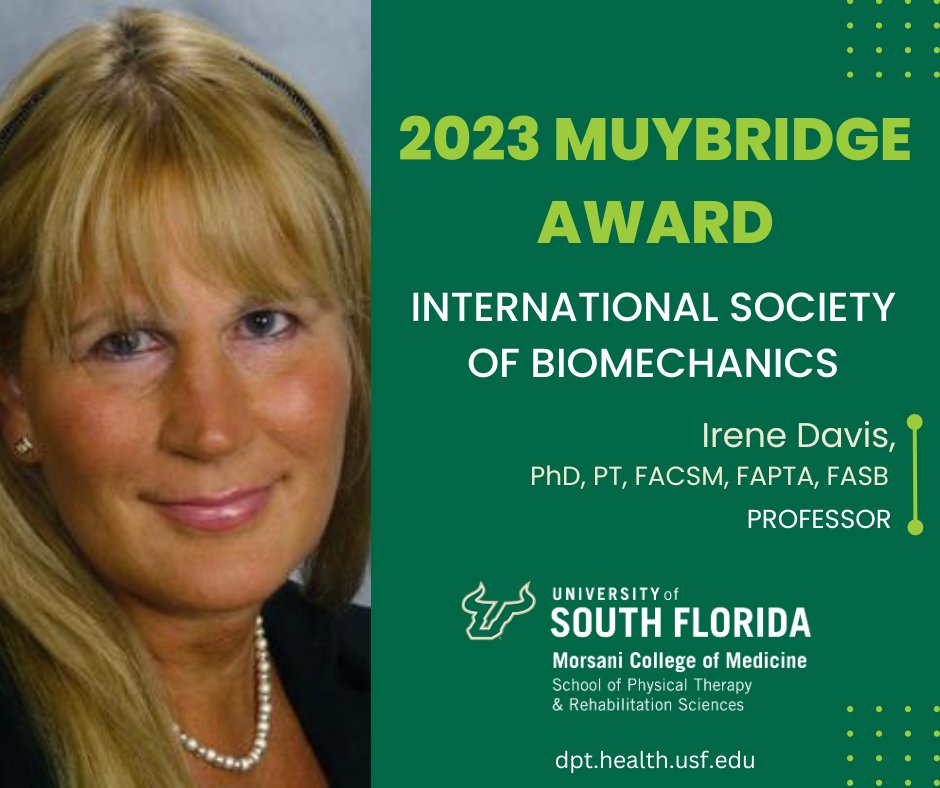 Irene Davis is the 2023 Muybridge Award recipient, the highest honor for international biomechanics. This makes her the second female to be awarded this honor when she accepts it later this summer in Japan.
To learn more visit: bit.ly/usfmuybridge
#USF #GoBulls #USFPT #DPT