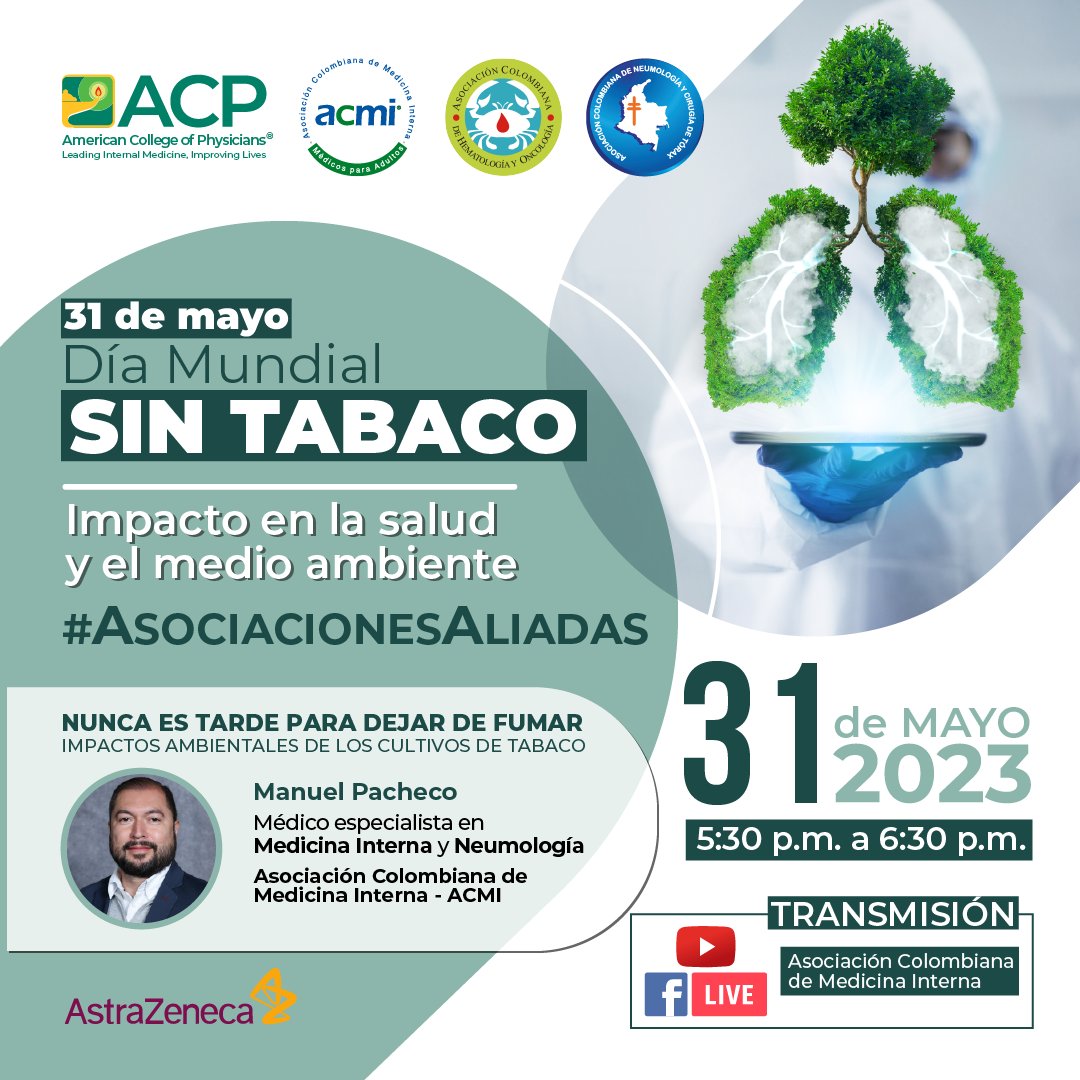 #AsociacionesAliadas 🤜🏽🤛🏽 Nos unimos con @ACMI_COL, @ACPIMPhysicians y @asoneumocito142para decirte que nunca es tarde para dejar de fumar, tema que trataremos con el Dr. Manuel Pacheco, en el marco del #DíaMundialSinTabaco. ¡Participa!