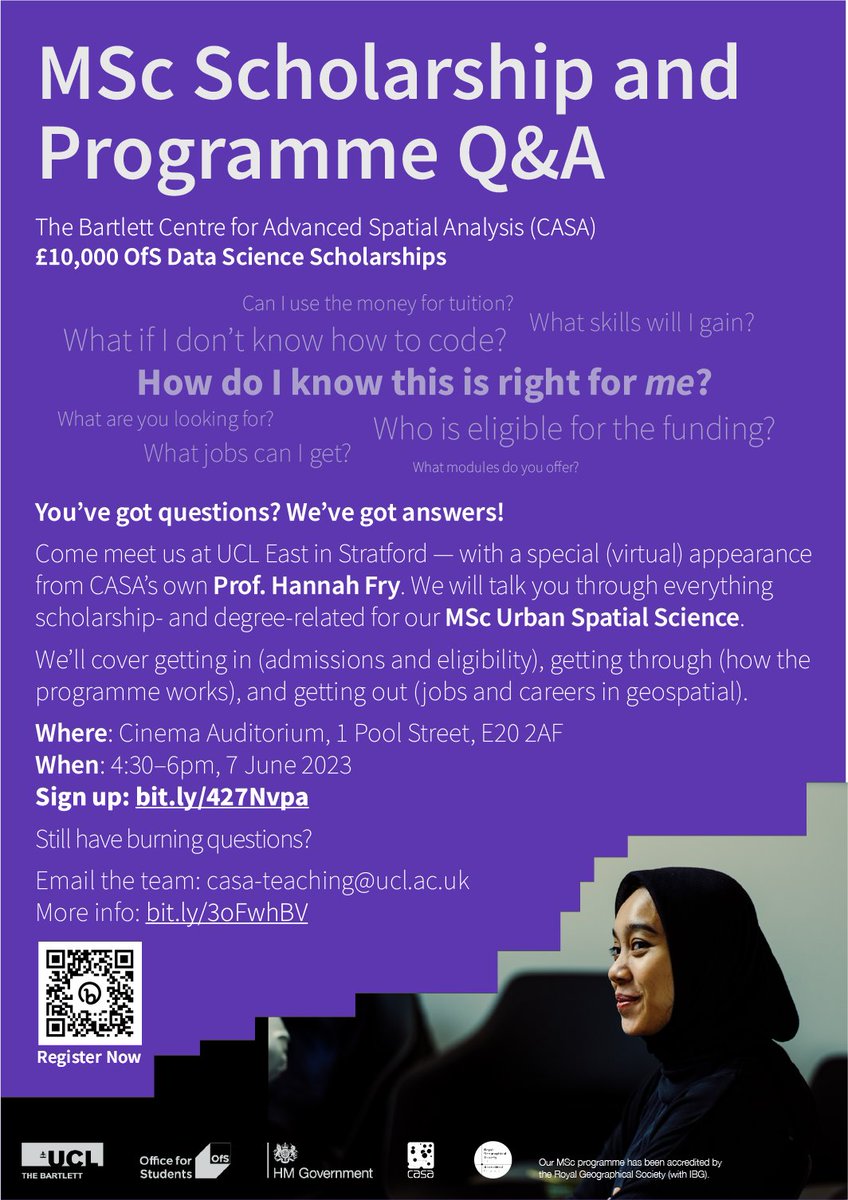 A week tomorrow (7 June @ 16:30) @UCLEast: Q&A for @CASAUCL's conversion MSc programme and *24* £10k @officestudents scholarships for under-represented groups in #AI and #DataScience. Yes, it's really 24 scholarships. Sign-up: bit.ly/427Nvpa. #JoinYourAIFuture