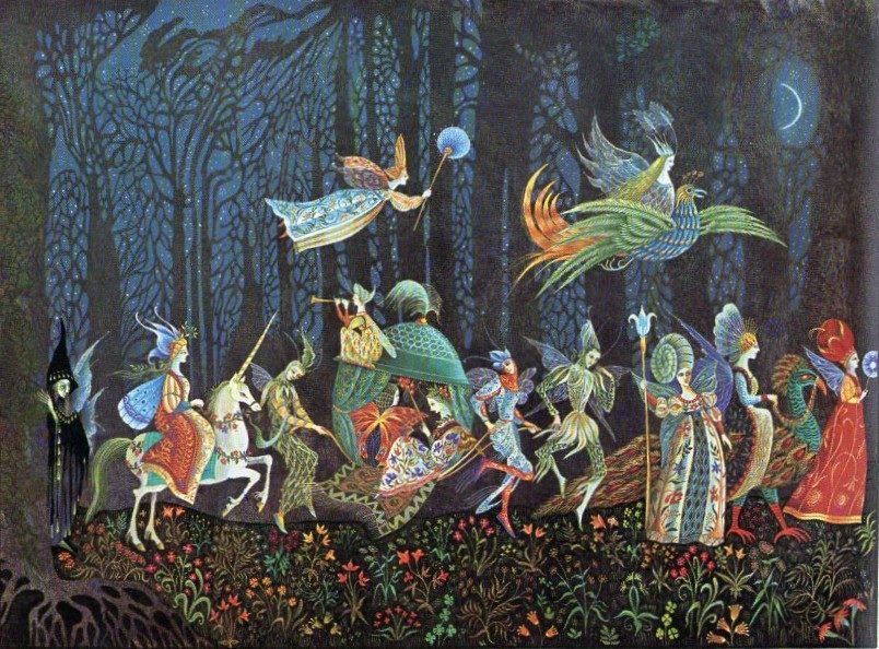 The fairy procession 
(from 'Thorn Rose', Brothers Grimm)
Illustrated by Errol Le Cain, 1977.

#FairyTaleTuesday