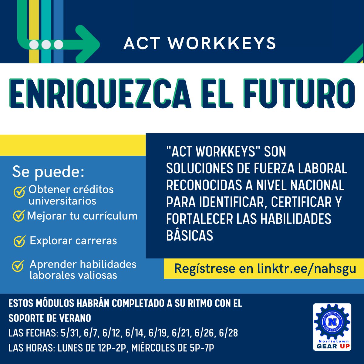 Students! The ACT WorkKeys are a great opportunity for enrichment, offer career preparation, certification, and possible college credit! Use this summer to build your resume for college or work. GEAR UP will support this self-paced course with open office hours!
