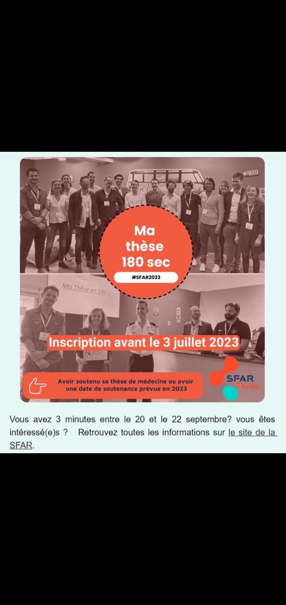 AJAR France 🇫🇷 (@ajarfrance) on Twitter photo Presenter votre thèse à la SFAR ca vous dit ? Ma thèse en 180s revient ! Alors on fonce !
<a href="/SFARJeunes/">SFAR Jeunes</a> <a href="/SFAR_ORG/">SFAR Anesthésie Réanimation</a> <a href="/AjarBrest/">Ajar.Brest</a> <a href="/AjarPoitiers/">AJAR Poitiers</a> <a href="/AJAR_GrandEst/">AJAR Grand-Est</a> <a href="/AjarRouen/">AJAR Rouen 🦁</a> <a href="/ajar_toulouse/">AJAR Toulouse 🏉</a> <a href="/AjarmirS/">AJAR-MIR Saint-Étienne</a> <a href="/AjarAngers/">AJAR Angers</a> <a href="/AjarCaen/">AJAR Caen 🌊</a> <a href="/AjarLille/">AJAR Lille ☀️</a> <a href="/AJARParis/">AJAR Paris 🗼</a> Presenter votre thèse à la SFAR ca vous dit ? Ma thèse en 180s revient ! Alors on fonce !
<a href="/SFARJeunes/">SFAR Jeunes</a> <a href="/SFAR_ORG/">SFAR Anesthésie Réanimation</a> <a href="/AjarBrest/">Ajar.Brest</a> <a href="/AjarPoitiers/">AJAR Poitiers</a> <a href="/AJAR_GrandEst/">AJAR Grand-Est</a> <a href="/AjarRouen/">AJAR Rouen 🦁</a> <a href="/ajar_toulouse/">AJAR Toulouse 🏉</a> <a href="/AjarmirS/">AJAR-MIR Saint-Étienne</a> <a href="/AjarAngers/">AJAR Angers</a> <a href="/AjarCaen/">AJAR Caen 🌊</a> <a href="/AjarLille/">AJAR Lille ☀️</a> <a href="/AJARParis/">AJAR Paris 🗼</a>