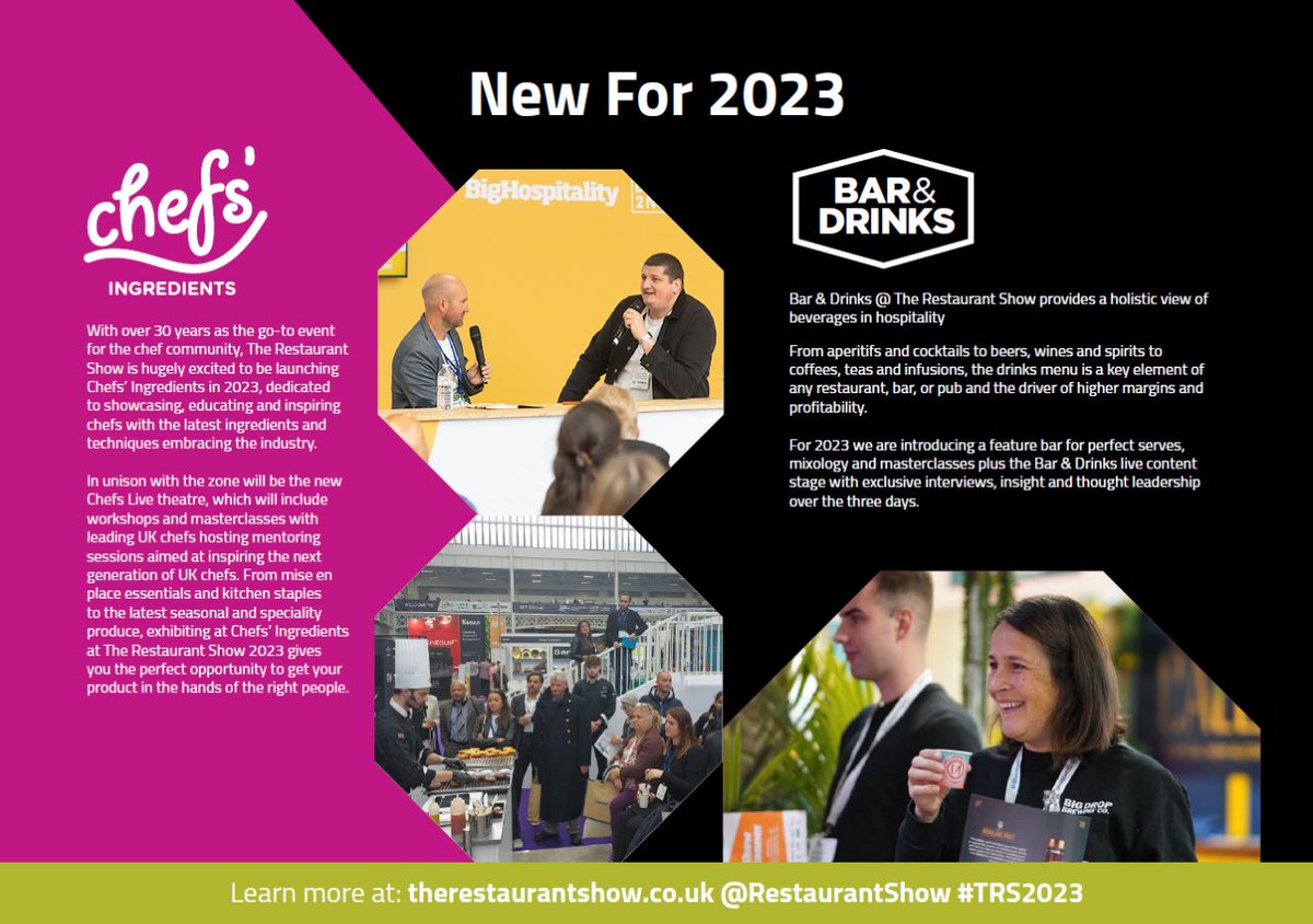 The Restaurant Show just levelled up with TWO exciting new zones! 🍹🥩 

Bar and Drinks - the zone where the beverage game is on fire and Chef's Ingredients, where culinary magic sparks to life!

Find out more: therestaurantshow.co.uk

#TRS2023 #hospitality