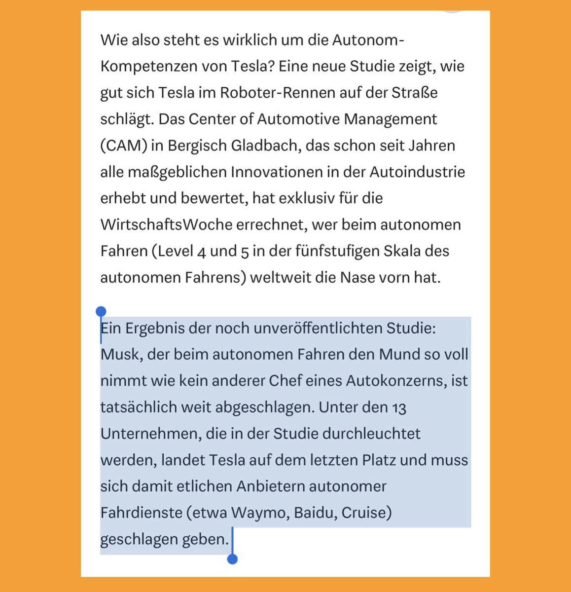 misterbien2's tweet image. NEW STUDY❗️BAD FOR $TSLA

« #Musk, who is more vocal about #autonomous_driving…
IS ACTUALLY FAR BEHIND.
Of the 13 companies examined in the study, TESLA COMES IN LAST PLACE, beaten by several providers of autonomous driving services (such as Waymo, Baidu, Cruise) »
@wiwo $TSLAQ