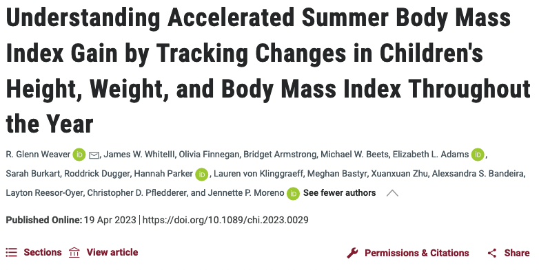 Understanding Accelerated Summer Body Mass  Index Gain by Tracking Changes in Children's Height, Weight, and Body  Mass Index Throughout the Year, published in <a href="/ChildObesity_jn/">Childhood Obesity</a> 

Link to pub: liebertpub.com/doi/10.1089/ch…