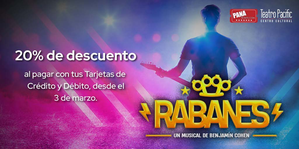 randycuevass's tweet photo. Aprovecha el 20% menos en la compra de tus boletos para @rabaneselmusical al pagar con tu Tarjeta de Crédito y Débito de Global Bank 🤘🏼🎼 🎸 
 
Ingresa al link para adquirir tus boletos https://t.co/nzy962phFA https://t.co/HTVIcg0yns