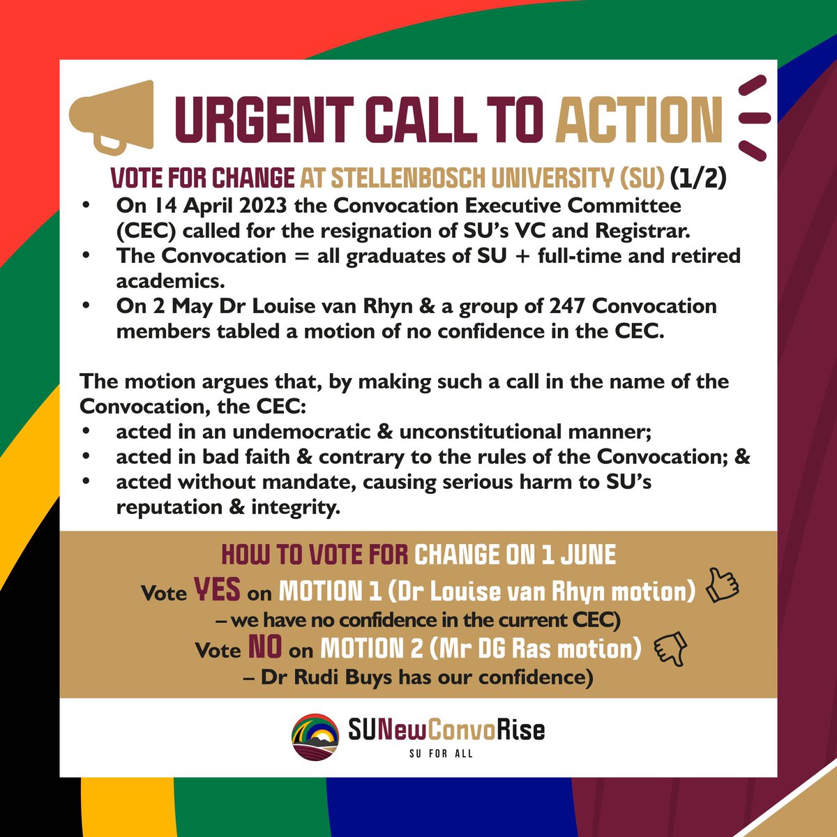 SUNewConvoRise's tweet photo. REGISTER BY 7PM: If you’re a Stellenbosch University graduate/ academic &amp; haven’t registered to vote for change at SU yet, see below for reasons why you should. Check your SU emails to RSVP/ register BEFORE 7PM, &amp; email SUNewConvoRise@gmail.com if you need any help ✊🏽🇿🇦🙌🏾 https://t.co/Xal9R6TYCK