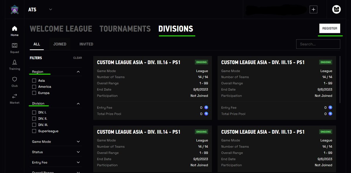 A partir de hoy, seguir la Custom League de <a href="/MetaSoccer_EN/">MetaSoccer</a> será algo más fácil. Y también mas fácil de encontrar info sobre registro. Como podemos ver, el nuevo tab de "DIVISION" está ahora fuera de la zona de Torneos y tiene sus propios filtros. Más el botón "REGISTER"