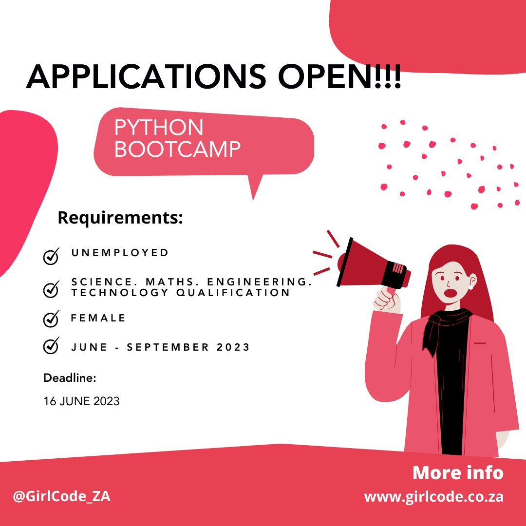 GirlCode_za's tweet image. 🌟 Applications are now open! 🌟
Calling all female STEM grads aged 18-35! Join our 3-month Python Online Bootcamp for practical skills and career opportunities. Apply now! #PythonBootcamp #STEM
🔗 Apply: girlcode.co.za/program/python…
