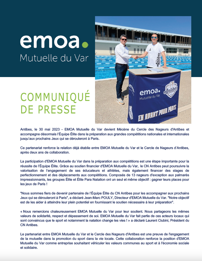 CNAntibes's tweet photo. 🏊🏊‍♂️ II COMMUNIQUE DE PRESSE II  @MutuelleEmoa, notre nouveau Mécène, accompagne  l’Équipe Élite dans sa préparation aux  compétitions nationales et internationales jusqu’aux prochains Jeux qui se dérouleront à Paris.

#enavantpourparis #elitecna #mecenat #natation #paranatation https://t.co/fQHbbanjLa