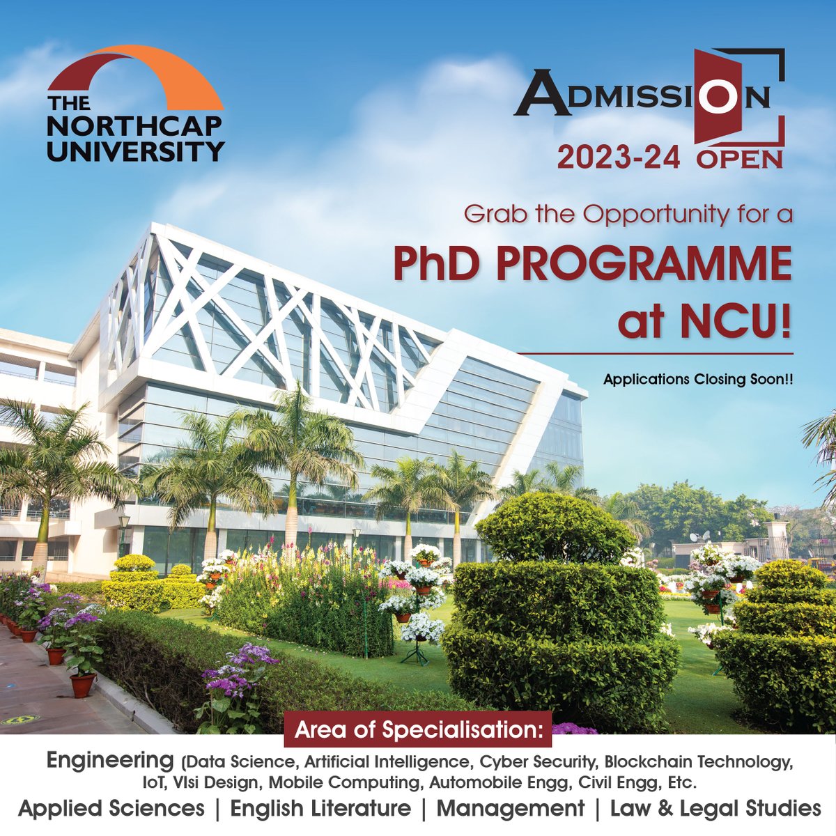NorthCap_Univ's tweet image. Make your dreams come true by joining the amazing PhD programmes at #NorthCap University! 💯NCU offers specialised programmes in Engineering, Applied Sciences, English, Management, and Law and Legal Studies. Know more here: ncuindia.edu/phd/ 
#PhDProgramme #AdmissionsOpen