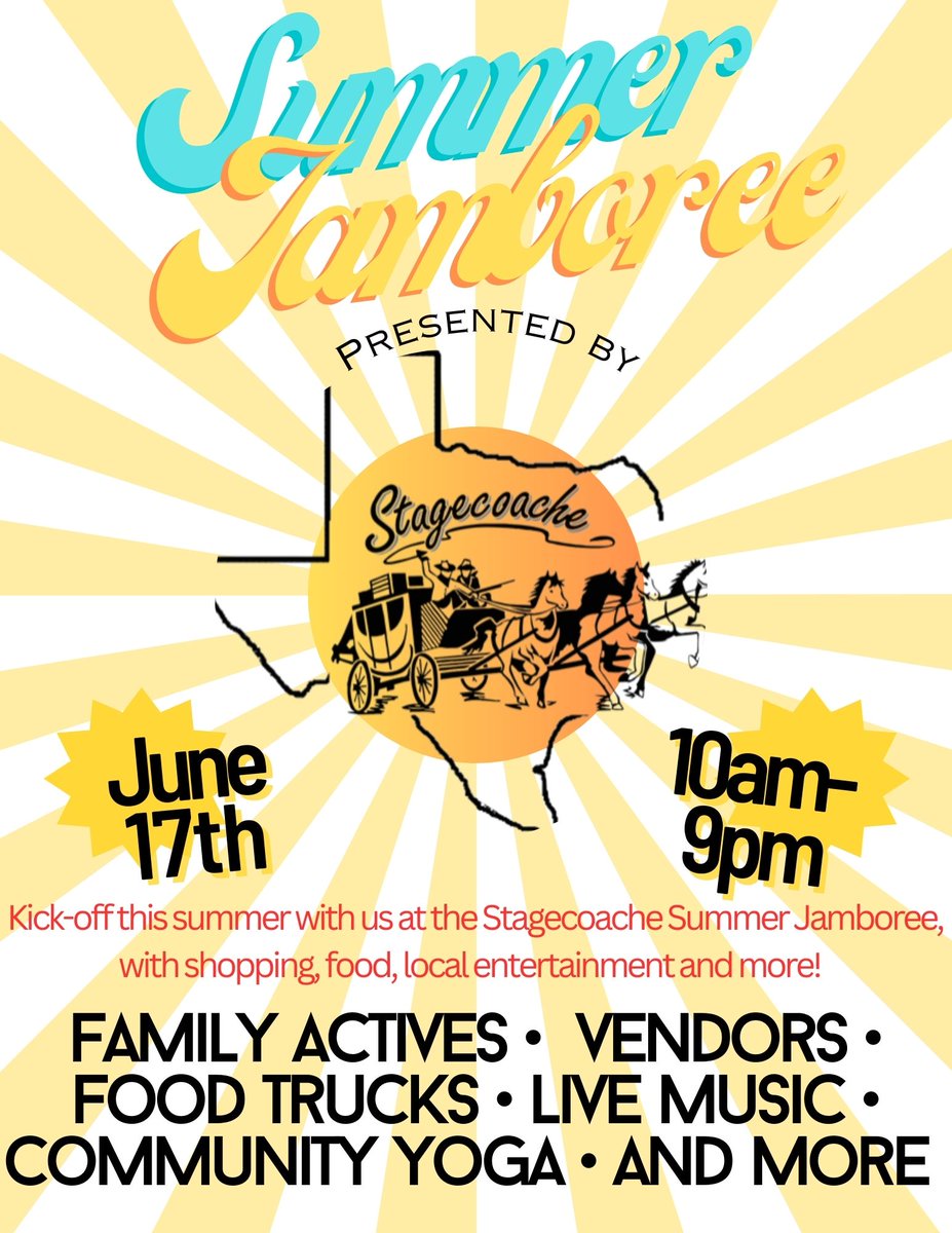 Start your Summer right at Stagecoache's #Summer Jamboree ☀

Enjoy a day full of #fun family activities, #vendors, #foodtrucks, #livemusic, community #yoga, & much more.

#familyevents #visitearlyvisitoften