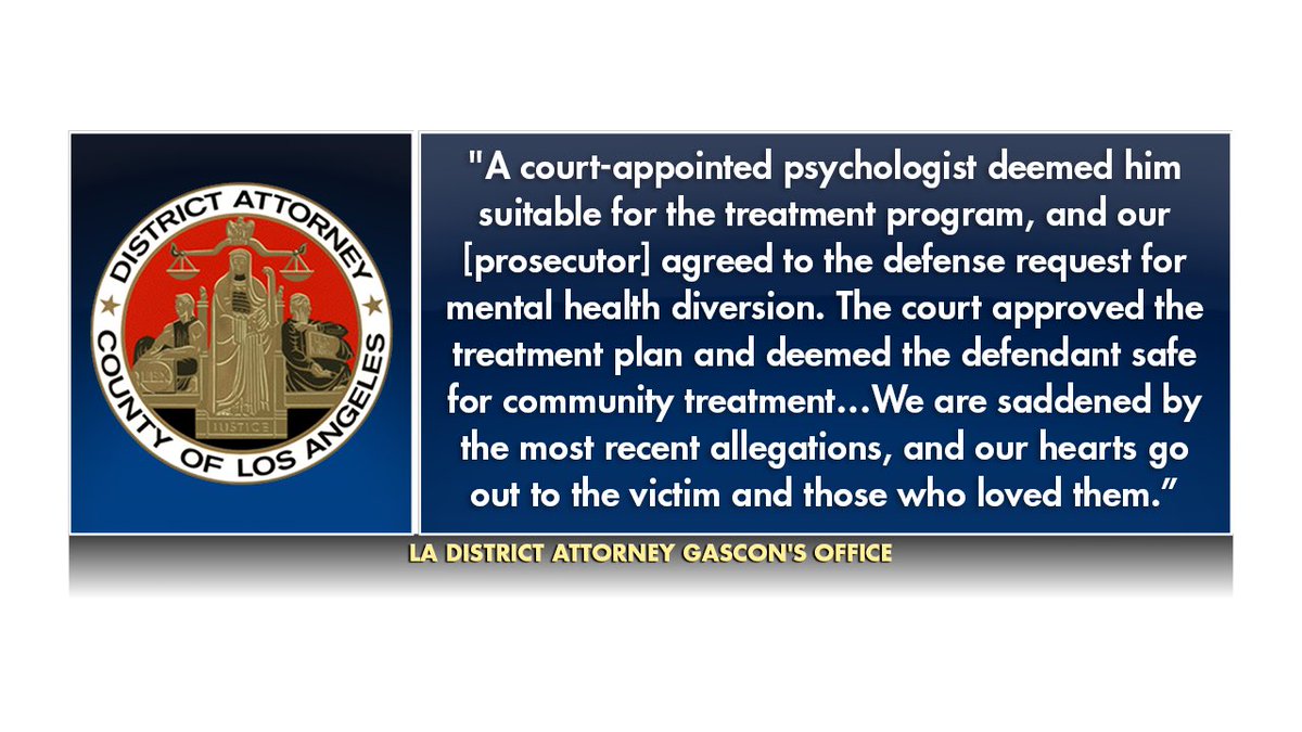 I reached out to @LADAOffice to ask how it made any sense to give mental health diversion to Sutherland for a violent felony that nearly killed a man. He was released for “community treatment” and was not in a lockdown facility. Part of their response is below.