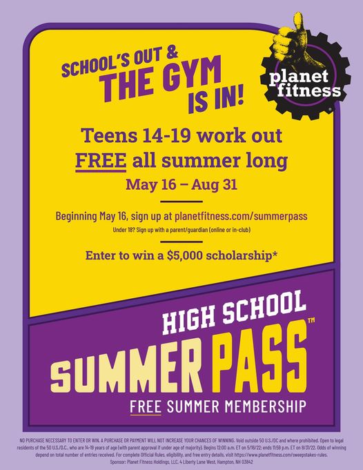 Now through August 31st, teens between the ages of 14-19 can work out for free at Planet Fitness all summer long!