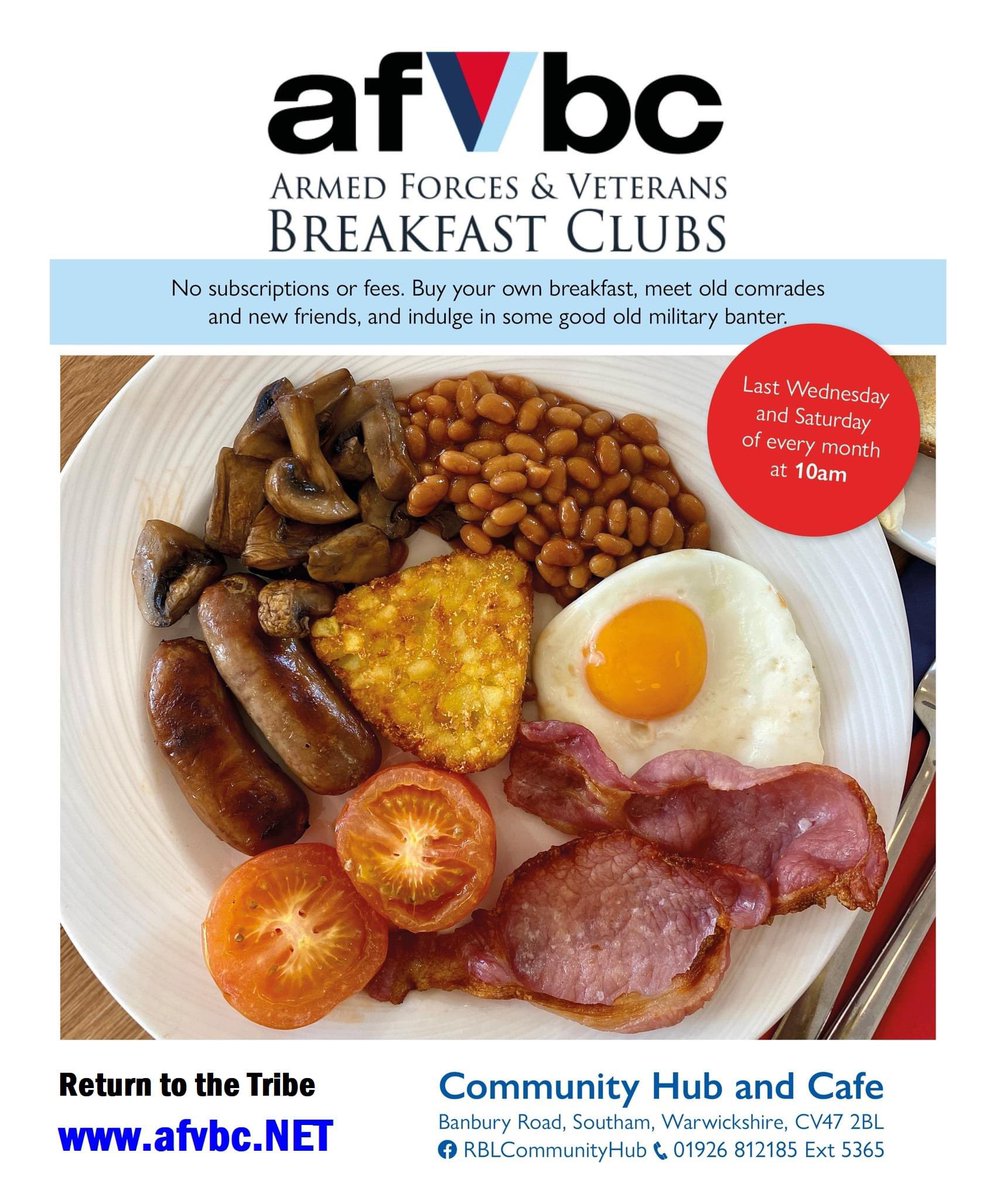 Are you a Veteran, do you know a Veteran? Join the Armed Forces Veterans Breakfast Club tomorrow at 10am. We are delighted to be joined by 3 military personnel from Kineton MoD. Come along, purchase your own Breakfast and enjoy the banter.

@AfvbcN #veterans #ArmedForcesCommunity