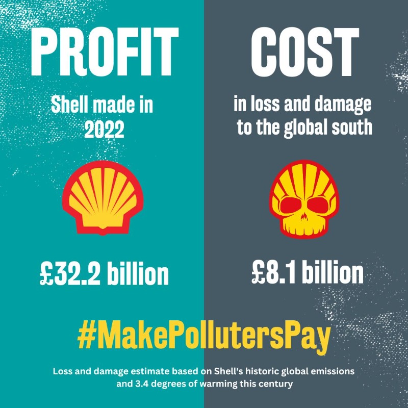 GlobalJusticeUK's tweet photo. Shell: £32 billion. BP: £23 billion. With millions of people facing climate chaos, these annual profits aren’t just unprecedented – they’re obscene. 

It’s time for change. Sign the petition and demand big oil companies pay for their destruction – it takes 30 seconds