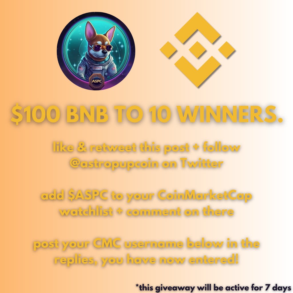 Hi Pups,

We are excited to announce that $ASPC can officially be traded on #BinanceSmartChain. 🐶

To celebrate this we are giving 10 people $100 in BNB. 🍀
#CryptoAirdrop #Binance 

Follow directions in the post, winners will be announced on Twitter: