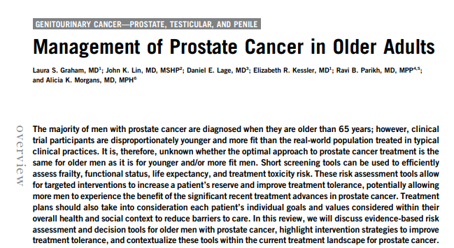 Check out our @ASCO Ed Book article 'Management of #prostate #cancer in older adults'! Practical tips on #gerionc risk assessment, interventions to improve tx tolerance, and decision-making in era of novel treatments. ascopubs.org/doi/full/10.12… #pcsm #ASCO23 @myCARG @PCF_Science