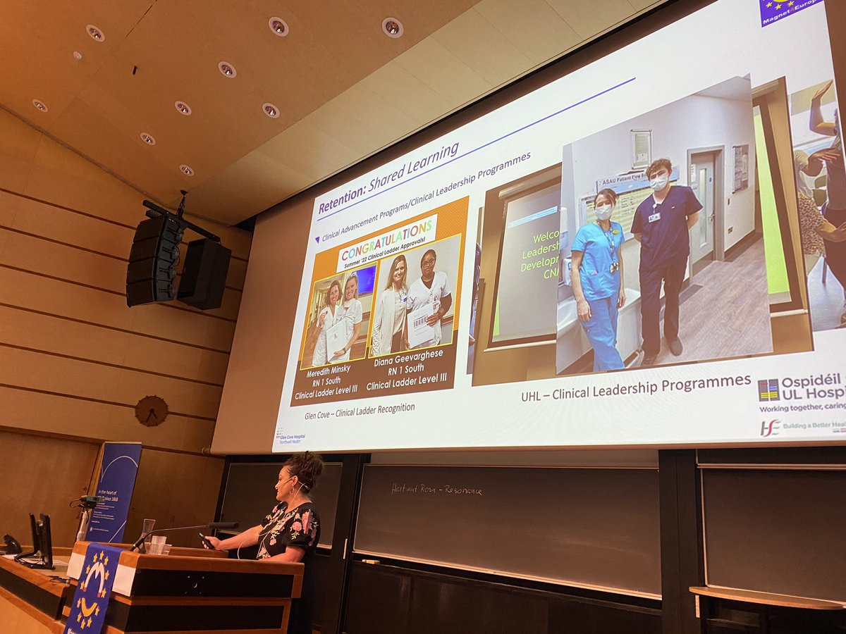 Fantastic presentation on Increasing Nurse Retention: A Transatlantic Voyage of Discovery by @RachyKennedy @ULHospitals @MagnetULHG Demonstrating that staff retention begins on day 1 of recruitment and shared learning with US @Magnet4Europe twin Glen Cove #M4EOslo2023