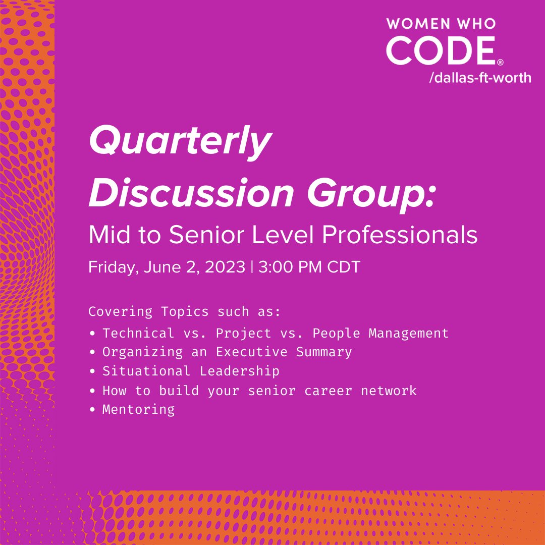 WWCodeDFW's tweet image. Attention mid - senior level technologists!
Connect with peers to discuss trends, share insights, &amp;amp; learn from each other this FRIDAY!

Join our Quarterly Discussion Group
RSVP meetup.com/women-who-code…

Host @emilycritter

#womenwhocode #midlevel #seniorlevel #leadership