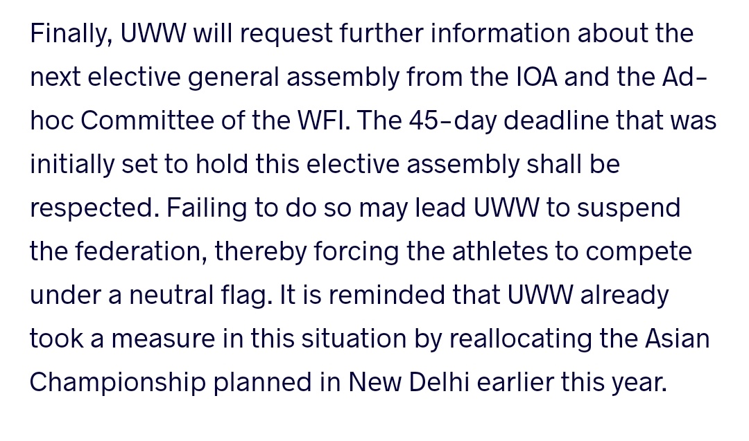 mihirsv's tweet photo. United World Wrestling issues a strong statement on #WrestlersProtest.

▪️Condemns detention of wrestlers;

▪️Expresses disappointment over investigation against Brij Bhushan;

▪️Threatens to suspend India if WFI elections are not held within 45 days. https://t.co/xRQL9c90mM