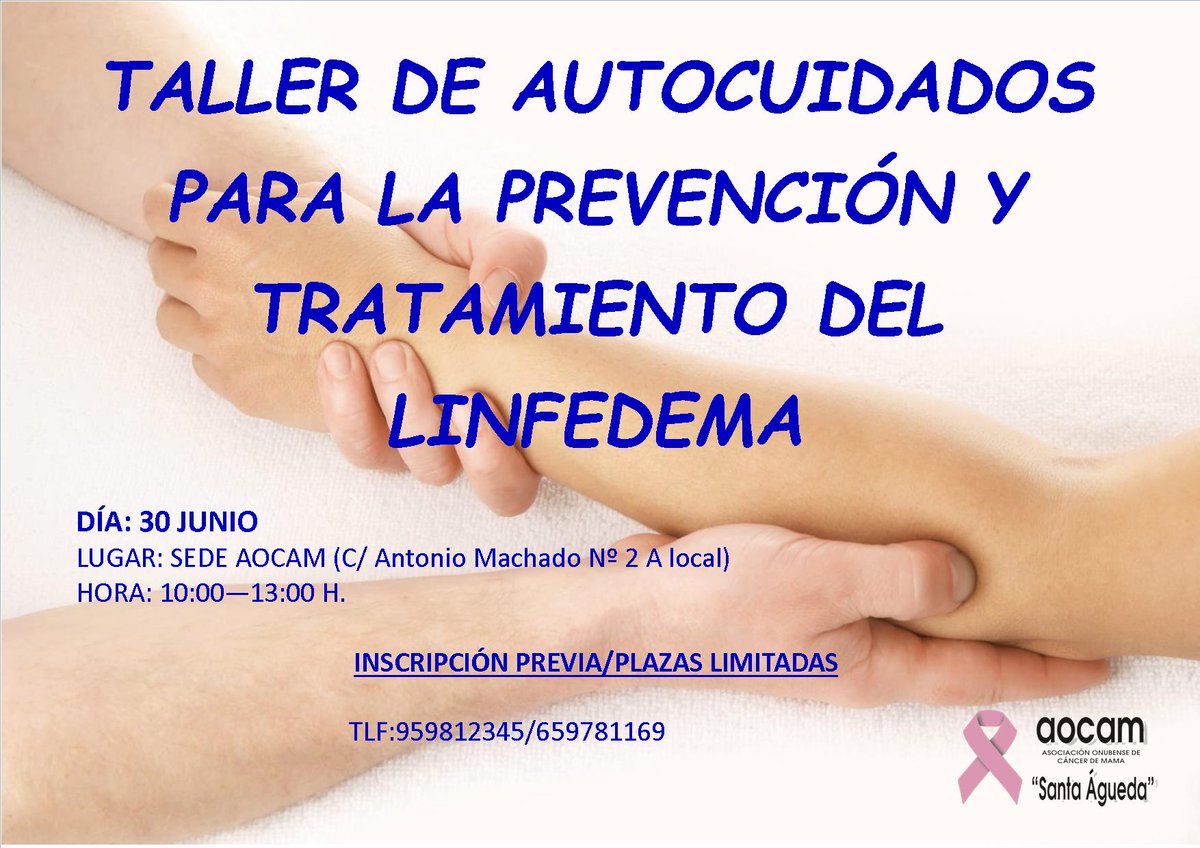 ¡Abrimos inscripciones para un nuevo taller sobre linfedema! Aprende a prevenirlo, detectarlo y tratarlo de manos de nuestra fisioterapeuta, experta en terapia y drenaje linfático.

#Linfedema #Prevención #Tratamiento #Autocuidados #CáncerDeMama #Aocam #Huelva
