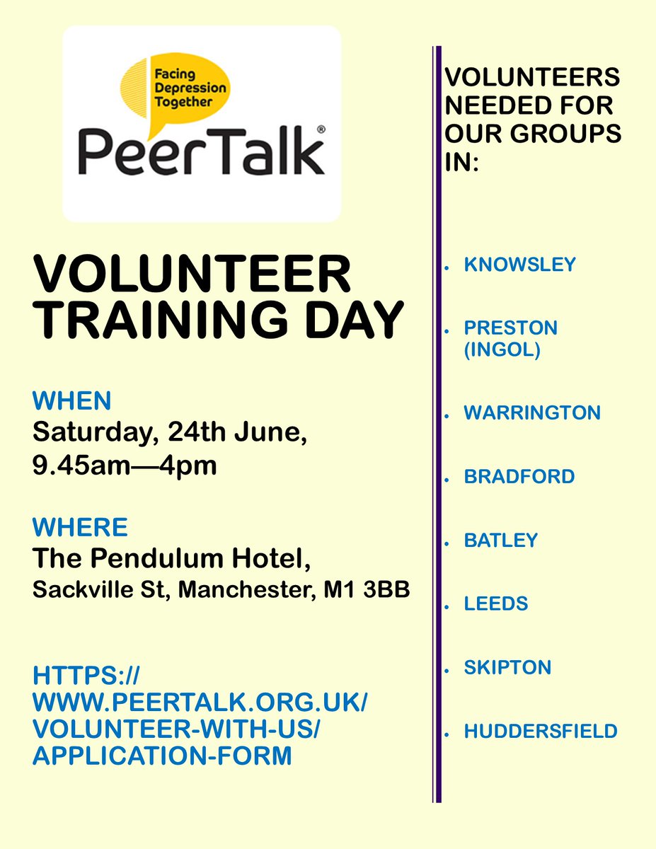 PeerTalk 💙💛 (@peer_talk) on Twitter photo We need volunteers to join our Preston <a href="/IntactCentre/">The Intact Centre</a> support group as Meeting Facilitators!
All we ask is that you are friendly, interested in mental health, a good listener, and available on Thursday mornings (11am - 12.30pm) at least three times over a 12-week period.
#preston We need volunteers to join our Preston <a href="/IntactCentre/">The Intact Centre</a> support group as Meeting Facilitators!
All we ask is that you are friendly, interested in mental health, a good listener, and available on Thursday mornings (11am - 12.30pm) at least three times over a 12-week period.
#preston