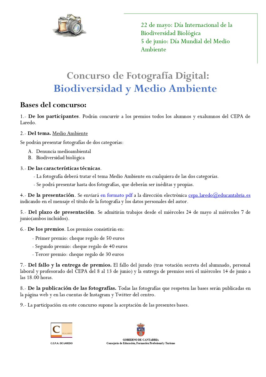 En el #CEPAdeLaredo celebramos  la Biodiversidad y el Medio Ambiente con un concurso de fotografía. Si eres o has sido nuestro/a alumno/a,  ¡anímate y participa! Plazo: hasta el 7 de junio. 
24 mayo. Día Internacional #Biodiversidad 
5 junio. Día Mundial #MedioAmbiente