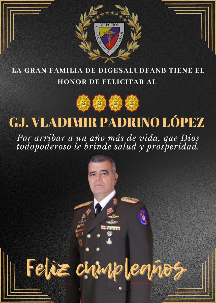 La Gran Familia de #RedSanitariaMilitar se honra y complace en desearle un Feliz Cumpleaños a nuestro GJ. @vladimirpadrino su constancia, disposición y entereza ha sido referencia y baluarte para los soldados de la salud. 
¡Felicidades!