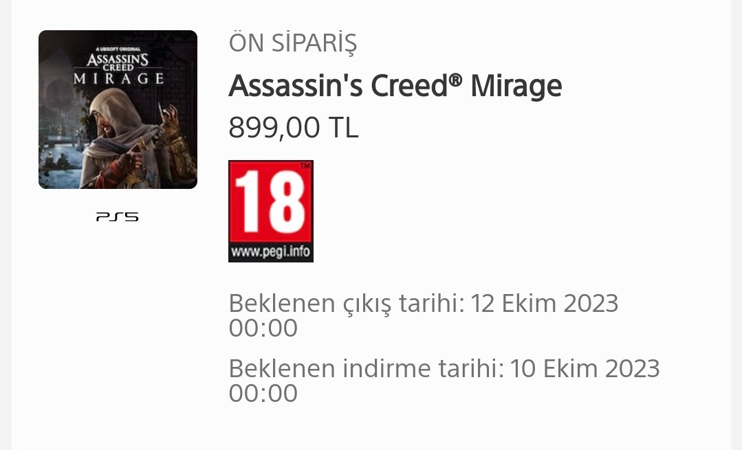 Assassin's creed mirage hatalı fiyat düzeltildi 
449 tl den 899 tlye yükseldi 

#AssassinsCreed 
#AssassinsCreedmirage 
#ubisoft 
#PlayStation
#Playstationstore 
#PlayStation5