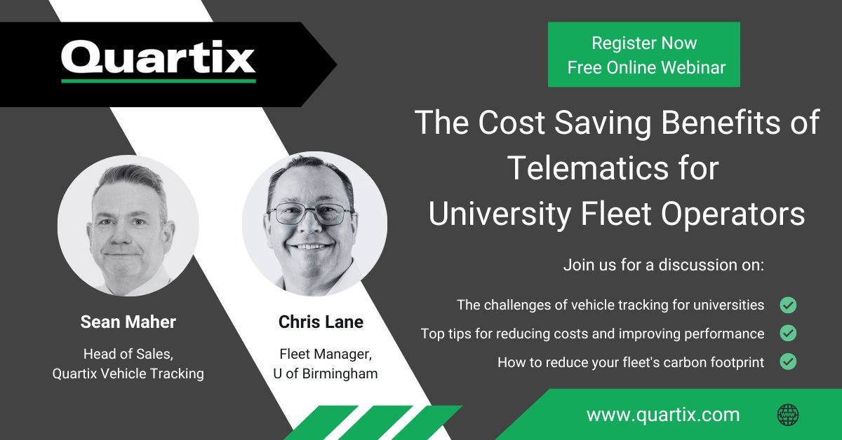 University fleet operators--are you in the market for #vehicletracking or looking to switch suppliers? Register for our free #webinar on how Quartix can help you, featuring Chris Lane of the @unibirmingham #telematics #university bit.ly/3C34L4s