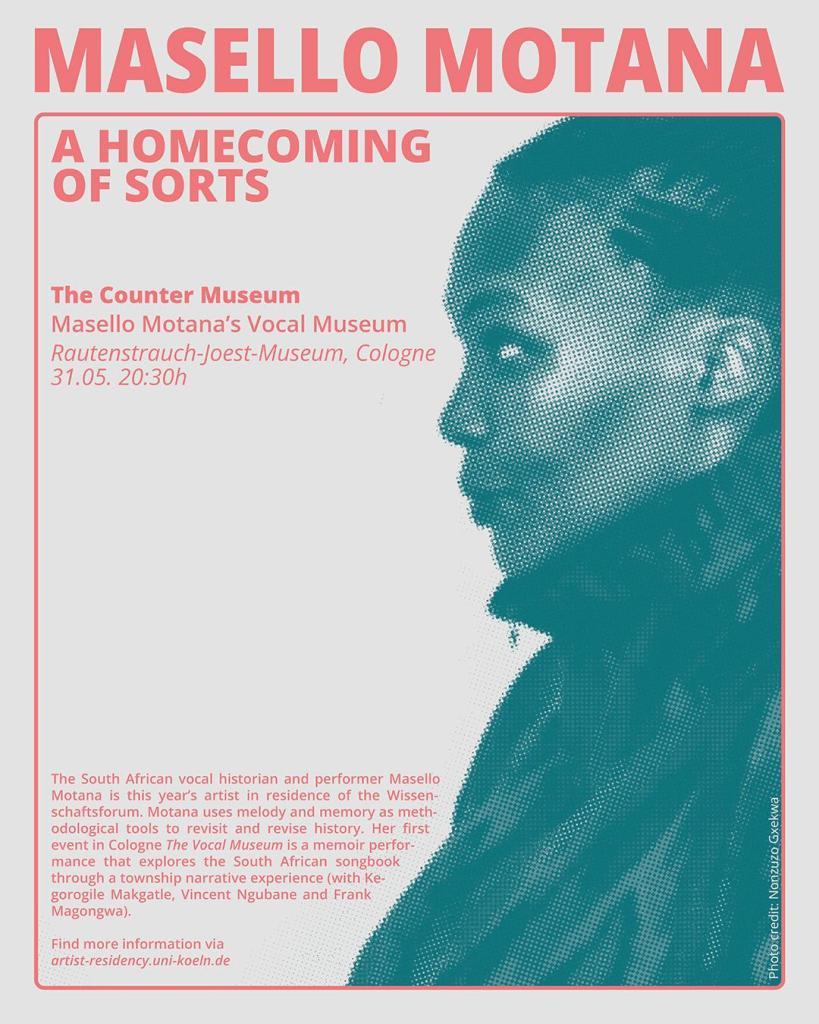 Morgen ist es soweit!

Wir begrüßen Masello Motana, Vokalhistorikerin und Performance-Künstlerin aus Südafrika, als erste Artist in Residence des Wissenschaftsforums.

Nicht verpassen! :) 

(Gefördert durch die Stadt Köln im Rahmen von AFRICAN FUTURES.)