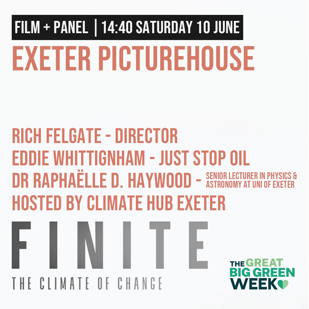 finitedoc's tweet photo. FINITE is coming to @exeterpicturehouse for #GreatBigGreenWeek

🗣️ Panel: 
🎥 Dir @richfelgate 
🦺 @EdredWhittingh1 - @JustStop_Oil 
🔭 Dr Raphaëlle D. Haywood,  Senior Lecturer in Physics and Astronomy at the Uni of Exeter.
Hosted by @climate_hub_exe

🎟️ https://t.co/3nJT3Z3hz8 https://t.co/NQpDCvsnEV