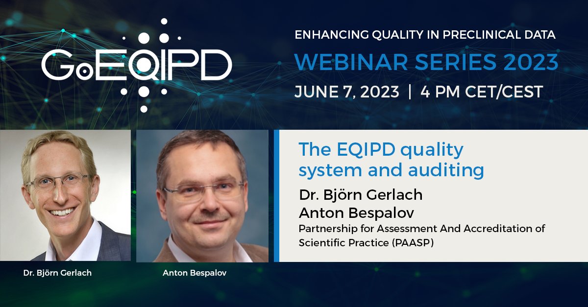Cohen Veterans Bioscience 🧠 (@cohenbioscience) on Twitter photo Only two webinars remain for <a href="/GoEQIPD/">GoEQIPD - Guarantors of EQIPD</a>'s latest series. Be sure to register for “The EQIPD quality system and auditing” with Dr. Björn Gerlach and Anton Bespalov from <a href="/PAASP_Network/">PAASP Network</a> on June 7. To learn more about this entire series of webinars and register go-eqipd.org/about-eqipd/we… Only two webinars remain for <a href="/GoEQIPD/">GoEQIPD - Guarantors of EQIPD</a>'s latest series. Be sure to register for “The EQIPD quality system and auditing” with Dr. Björn Gerlach and Anton Bespalov from <a href="/PAASP_Network/">PAASP Network</a> on June 7. To learn more about this entire series of webinars and register go-eqipd.org/about-eqipd/we…