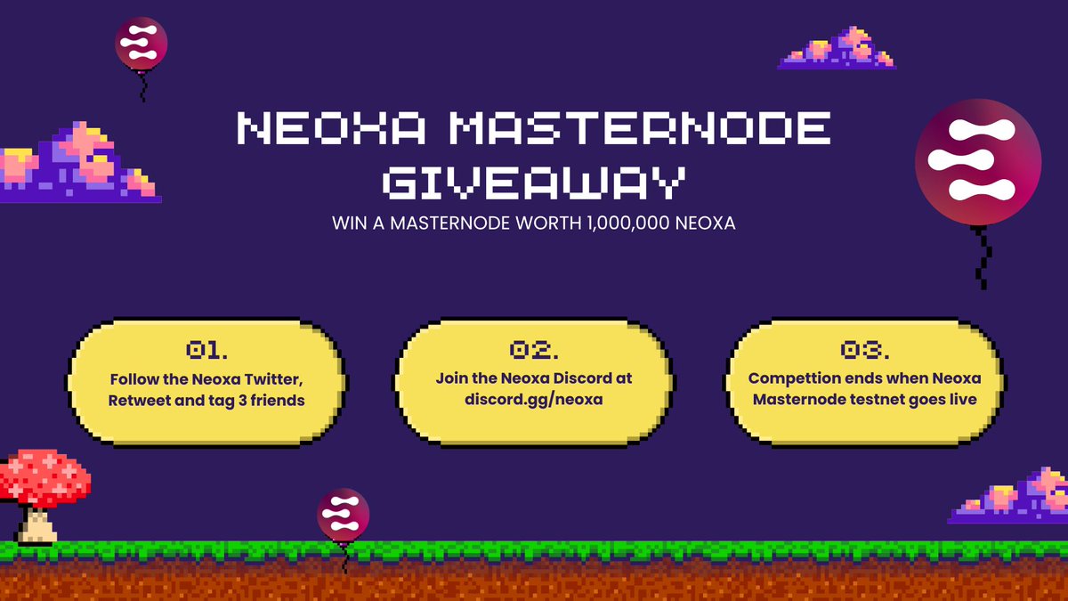 🚀 #Giveaway 🚀 We're excited to announce our BIGGEST giveaway ever! A chance to WIN a Neoxa Masternode worth 1,000,000 NEOXA!  (CURRENTLY WORTH $950)🎁💰

To enter: 1️⃣ Follow us 2️⃣ Retweet this post 3️⃣ Tag 3 friends in the comments

#cryptotwitter #p2e #gaming