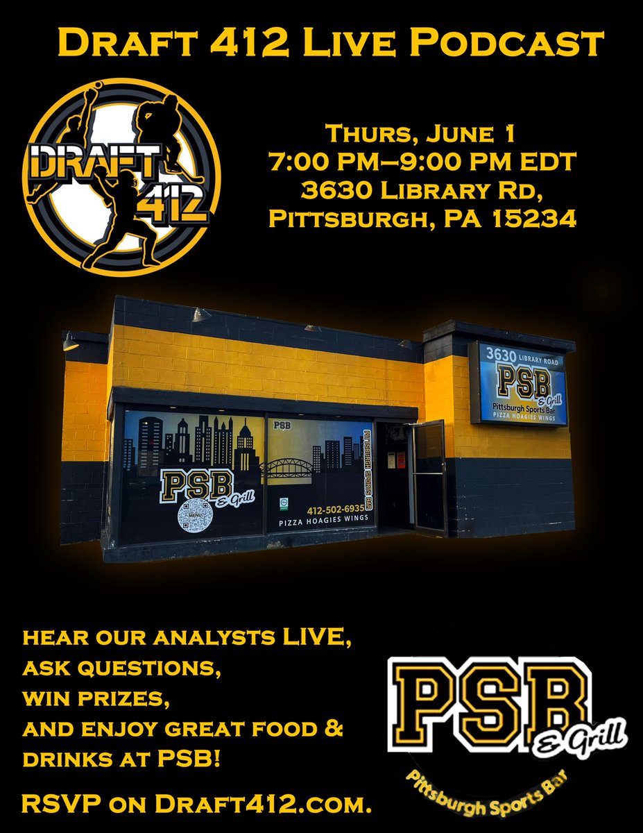 Draft  412's first live podcast will be on Thurs, June 1st from 7pm-9pm EST. Come on down to @pghsportsbar1 
 for Penguins talk, prizes, and great food and drinks!

RSVP at draft412.com/events

#pittsburghevents #draft412 #LetsGoPens #podcast #NHL #pittsburghpenguins