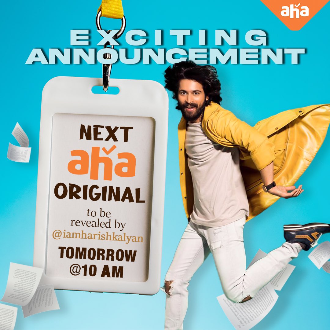 We're super happy to announce that our favourite @iamharishkalyan will reveal the first look of our next #AhaOriginal #kanaaproduction tomorrow @10am Stay tuned to know more💛