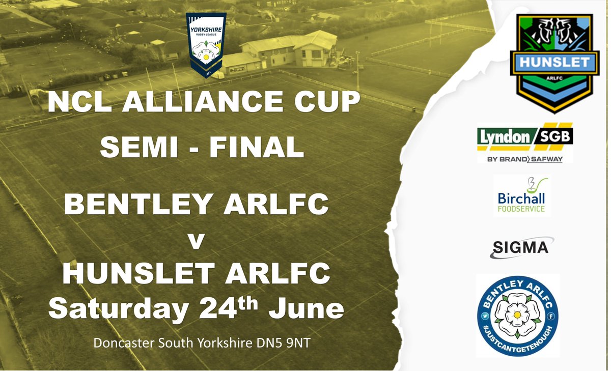 We have drawn @BentleyARLFC in the semi finals of the NCL Alliance cup tie to be played Saturday 24th June.
The other semi final sees Oulton Raiders host Normanton Knights.
#AsOne