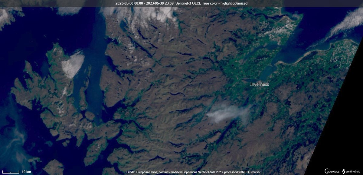 #wildfire #Scotland. Crews from <a href="/fire_scot/">Scottish Fire and Rescue Service</a> continue to fight fire near Cannich, Beauly, SW of Inverness. Imaged by Sentinel-3 STSLR and OLCI sensors on 30-May. With high temps, still need to be careful not to cause fires carelessly. (Data <a href="/sentinel_hub/">Sentinel Hub</a>, <a href="/CopernicusEU/">Copernicus EU</a> &amp; <a href="/ESA_EO/">ESA Earth Observation</a>)